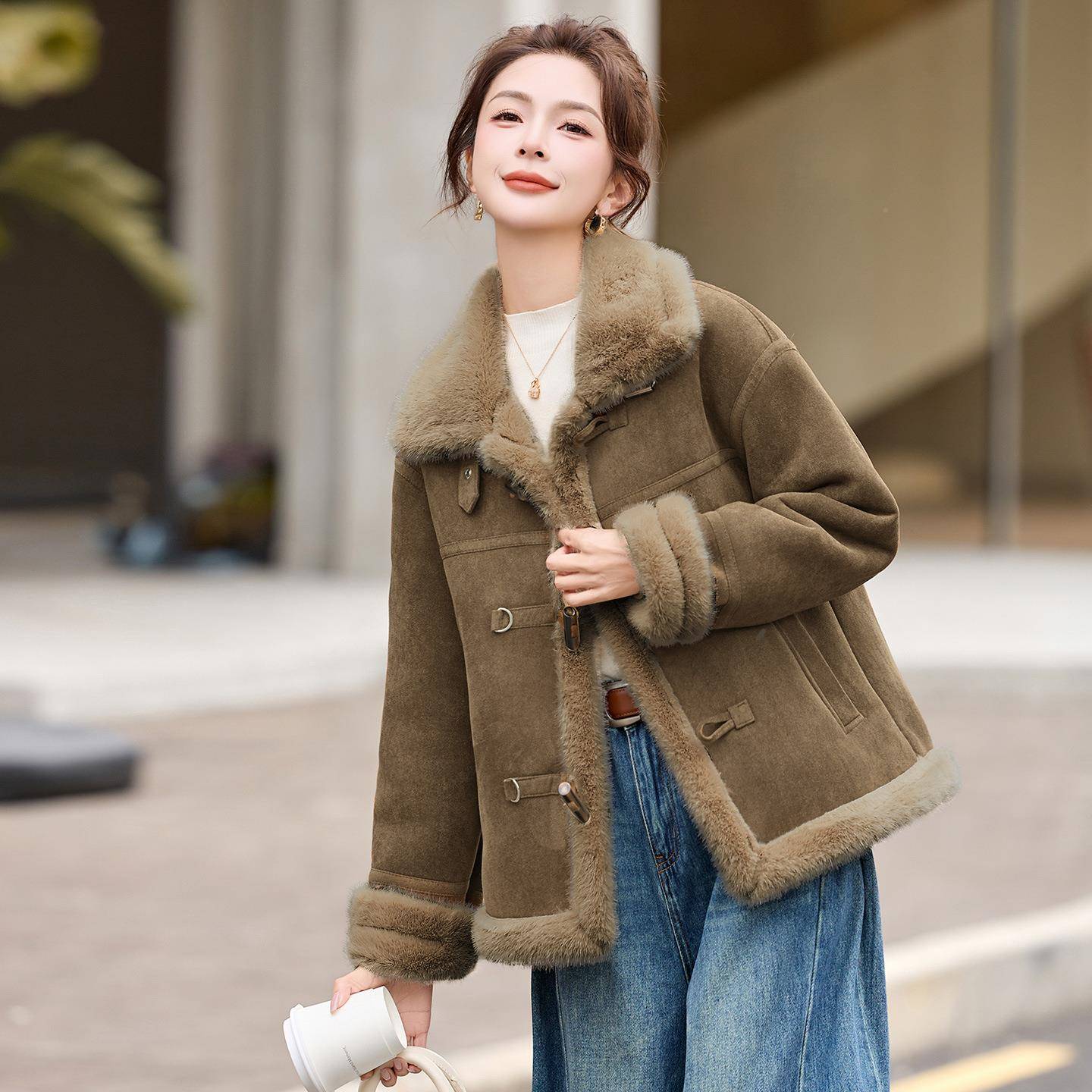 皮毛一体仿羊羔毛外2套小个新子女025秋DL2659-1冬季款加绒加厚上