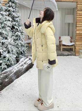 黄色外针款织拼c012-857接收腰羽绒服女中长款2025冬季新韩版甜美