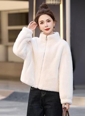 闲一粉色0皮毛体外套女22ZLAN97294冬休季新款洋气百搭小个子保暖