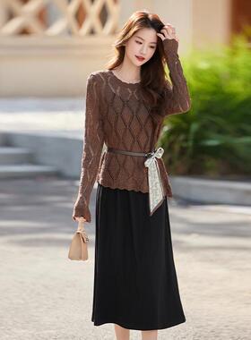 2025秋新款长AB25128-袖套头带色镂纯空上衣吊带系裙两件套连裙A