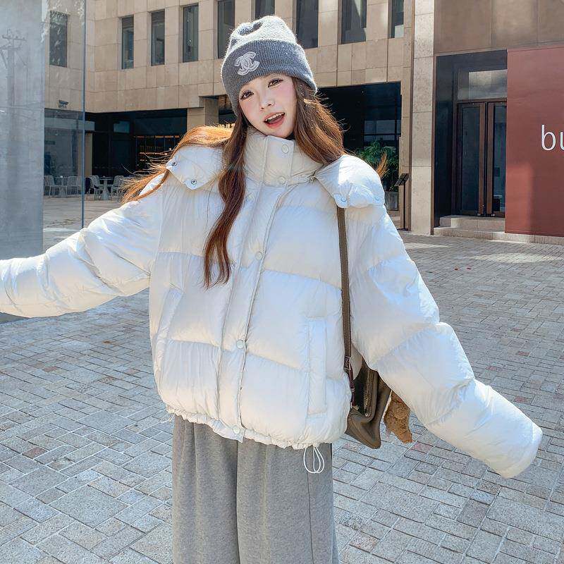 米白色连帽泡羽绒服短2025冬芙季加厚宽松面包服c172- D2白鸭女绒