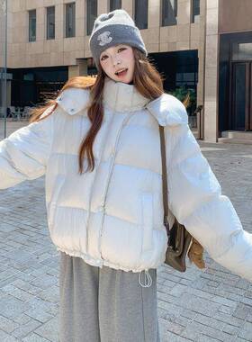 米白色连帽泡羽绒服短2025冬芙季加厚宽松面包服c172- D2白鸭女绒