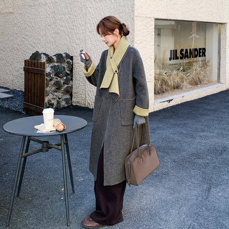 灰色外韩复古围巾双系面季呢羊毛大衣女22B188-95025冬慵懒风中长