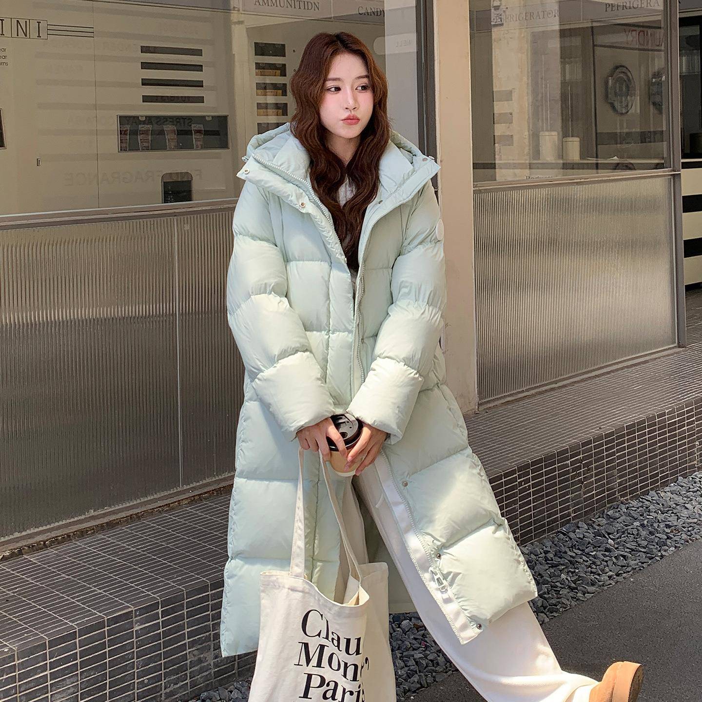 浅绿色连帽b213A-25中长款羽绒服2女025冬新款级感高超好看鸭90白