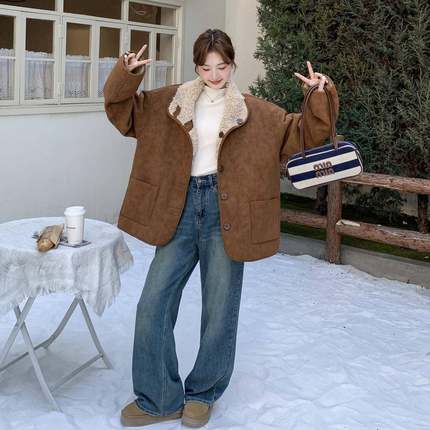美拉德风咖色夹仿皮一体外套女冬超火好看加绒加毛厚羔毛b189-881