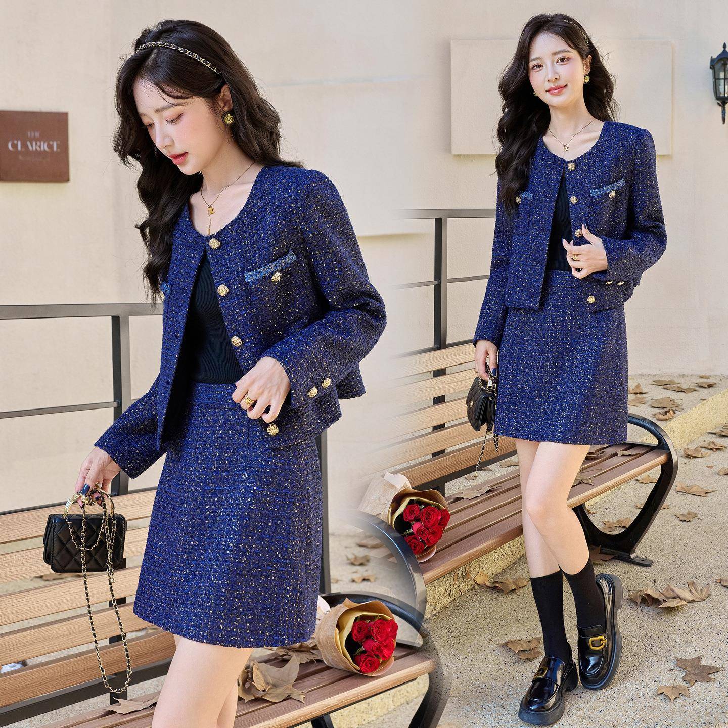 小香瘦风时尚套装女2205年秋ZYA8639J季款粗花呢新外套半身裙两件