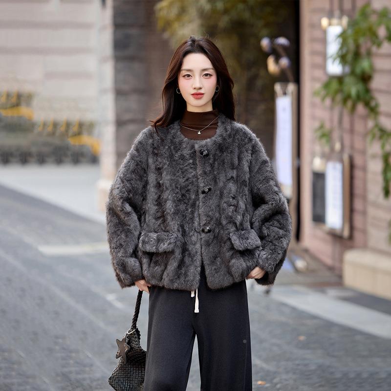 皮毛秋HE5515-1一外套女2025冬新款体高感级宽松加厚保暖毛毛上衣