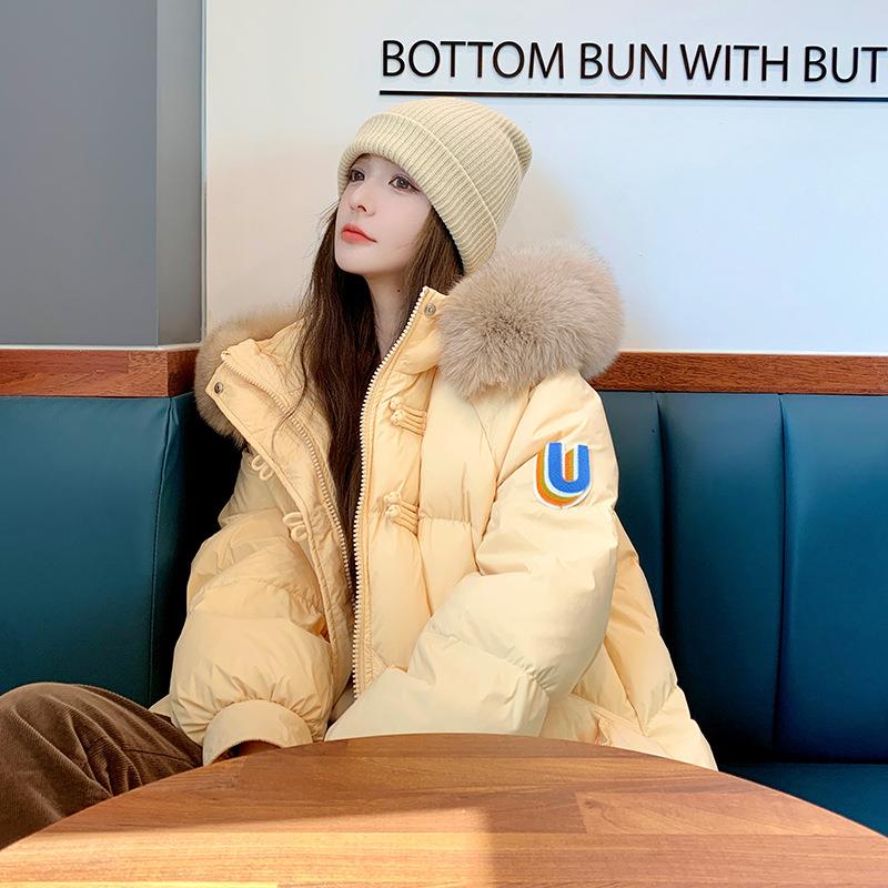 风新中式轻国c073-A38长款羽绒服女冬204新款大2毛领连帽加厚90白