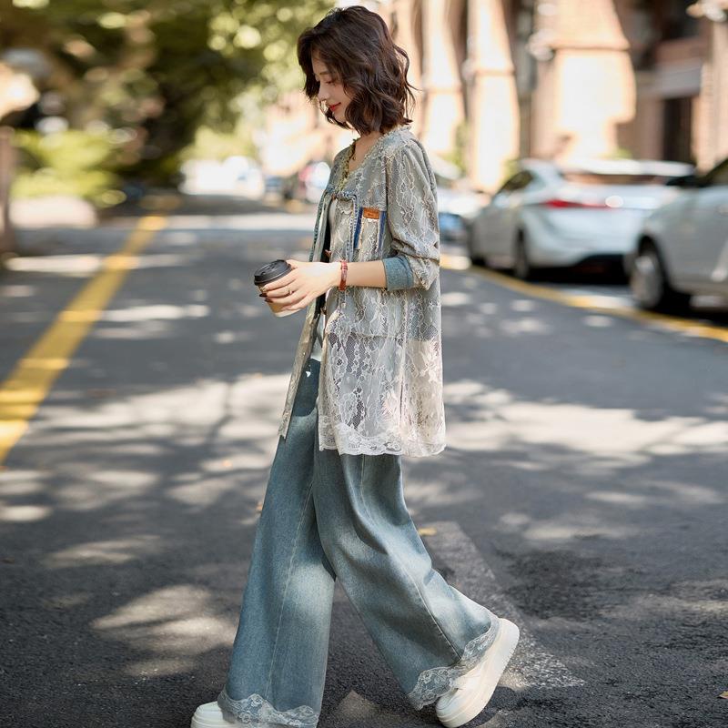 205XH5898-0秋季裤女装新款H时尚蕾2丝拼接外套休闲阔腿牛仔两件