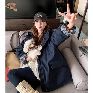 藏加青格纹撞色连帽克羽绒服女冬季新款C086-251韩系厚保暖白色鸭