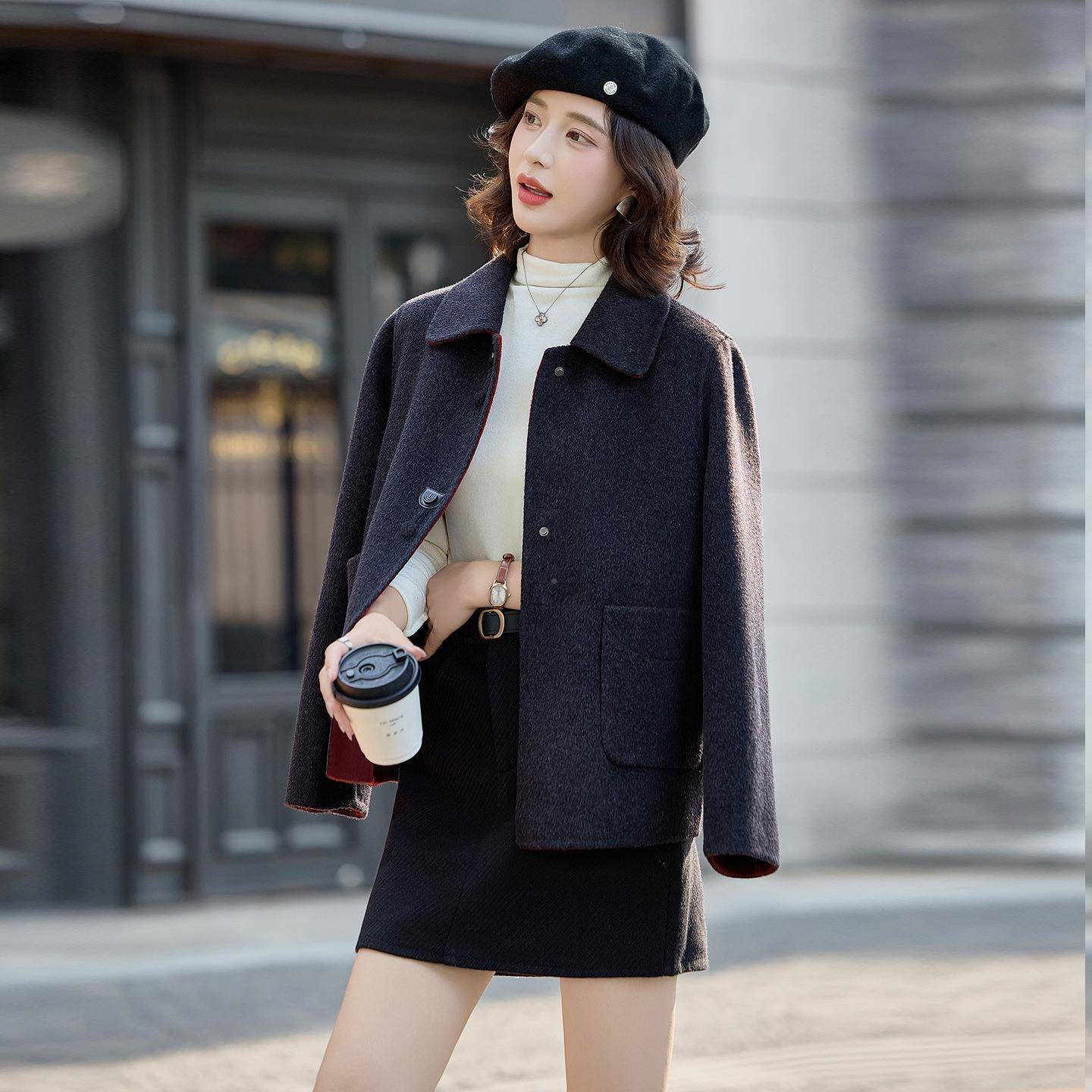 2025秋士冬新款羊毛双面呢女大衣短简约百搭感高级外套 ME2867-0M