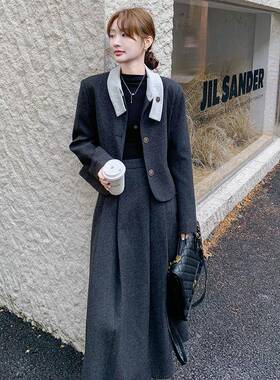 灰色小香风毛新呢套装女秋冬款感高级小个子时髦裙半身加C203-827