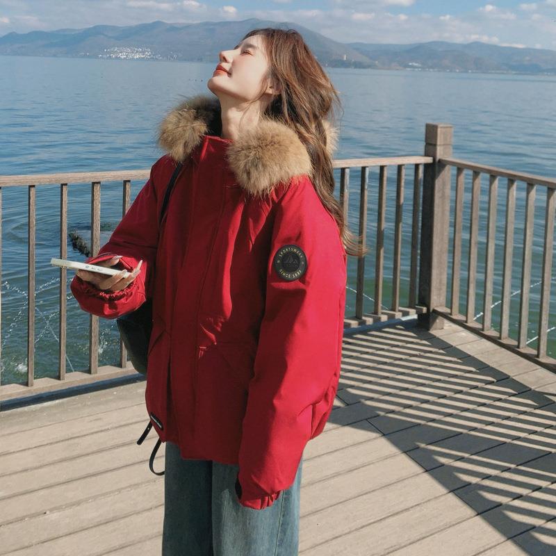 红色工装大2毛绒服女0羽25冬新2b188-85款韩系宽松设计感加厚白领