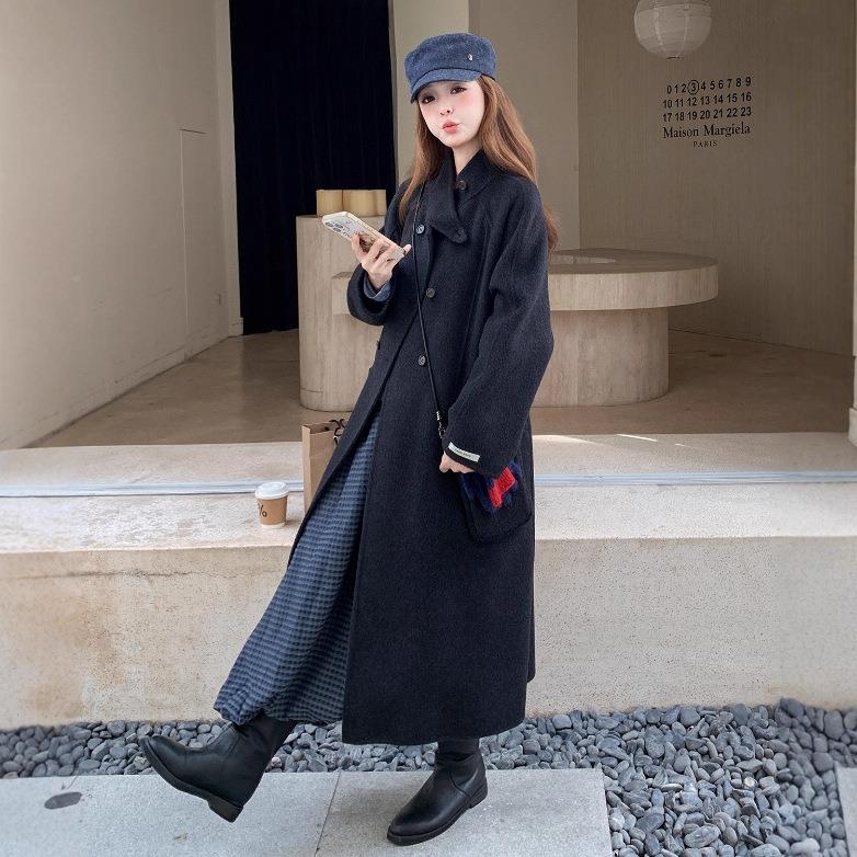 高级感黑双毛面羊大长b169-851衣女2025冬色新款立领双排扣时尚款