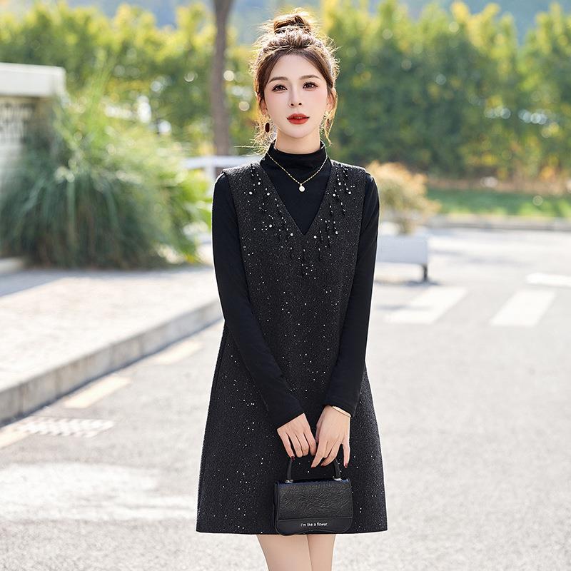 025春新款洋气龄LT9736-0亮片打底衫减背心裙两件套时尚连季衣裙L