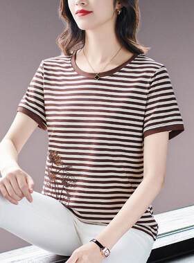 经典纹短袖恤女夏条季款宽松1028407纯棉上中年运动衫夏衣新装