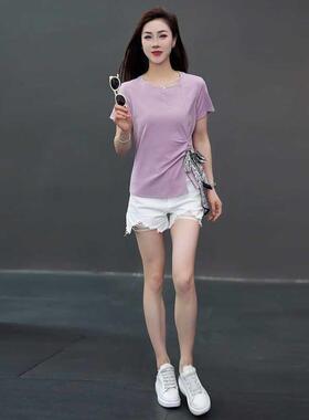 丝光棉恤女夏季薄款正显肩圆领167-2922百搭瘦个子基础款短小袖上