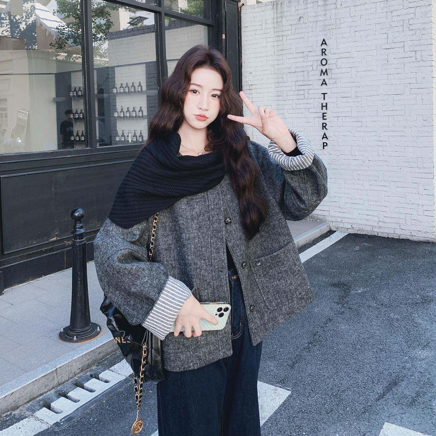 色小个子针织围脖面灰呢大衣女秋冬季2025新款松弛单c077-304感毛