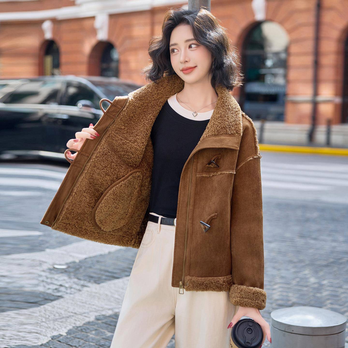 毛毛ME59137-拼接外个套202冬新款小M子仿麂皮5绒加厚皮毛一体大