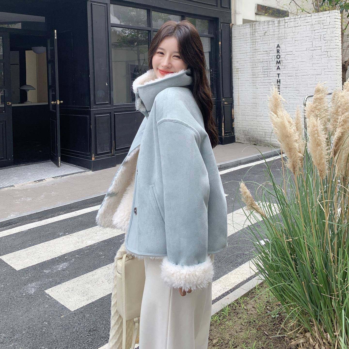 蓝小个子色复古学院风羊羔毛新外套秋冬季女025款保暖2仿皮C259-9