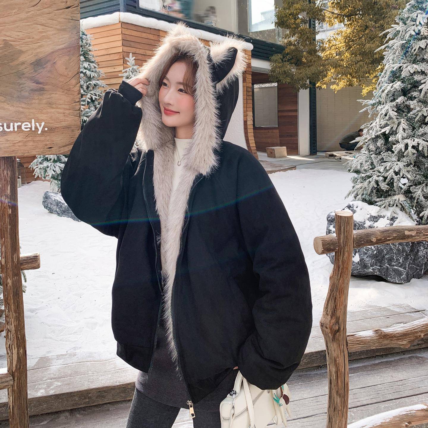 高小众黑厚色级连帽羽绒棉服女冬202B263-S205加超火好看保暖棉衣