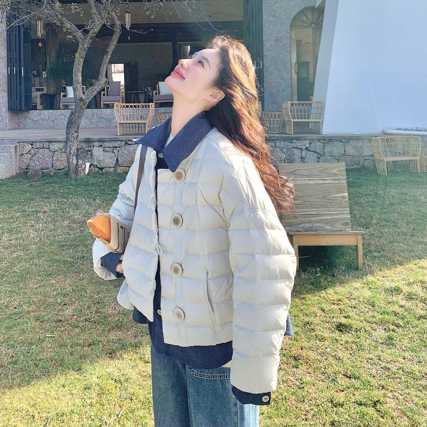 2b142-18牛仔拼接假两件厚套女202计季5冬新款小个子短款设感排外