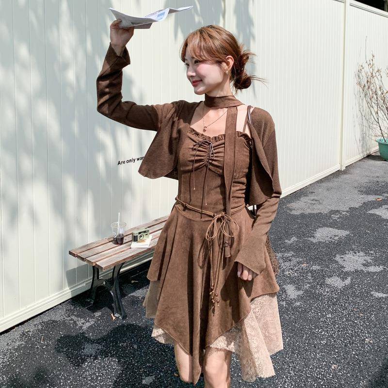 202秋新款设计感开衫收显瘦不规则吊带连衣XM928-09裙时尚套装X5M