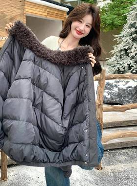灰色羊羔毛翻领复古9C139-852工装羽绒服女冬季225新款00白鸭绒保
