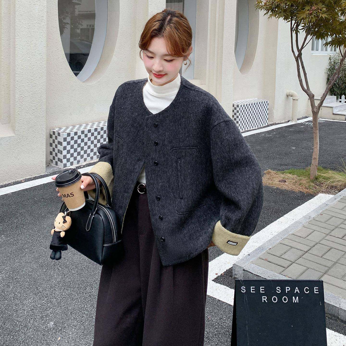 韩系气C139-811简休约深灰色双面呢羊闲毛大衣女秋冬高级感质短款