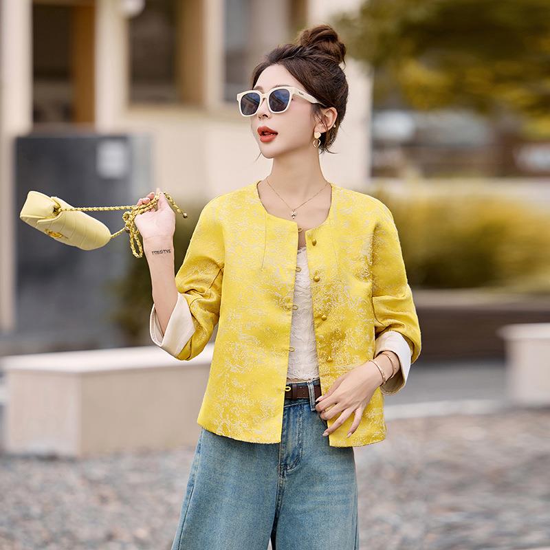 205秋2新款LX2522-0高级感黄色复古5新雅中式国风圆领外套优上衣