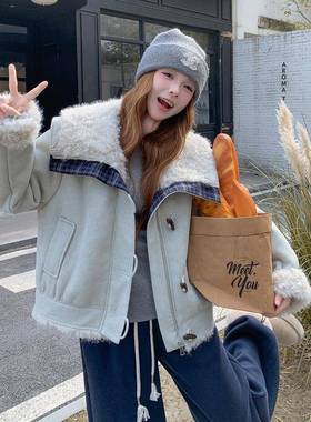 扣蓝色牛角短款翻毛领C153-722羊羔外套女减2025冬小个子龄保暖仿