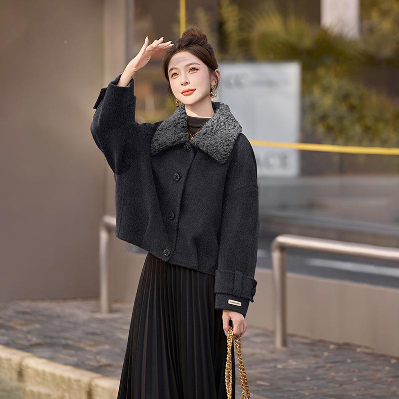 女式季毛呢外套2025羔HE5139-1冬新款羊毛翻领羊毛呢时尚气套质外