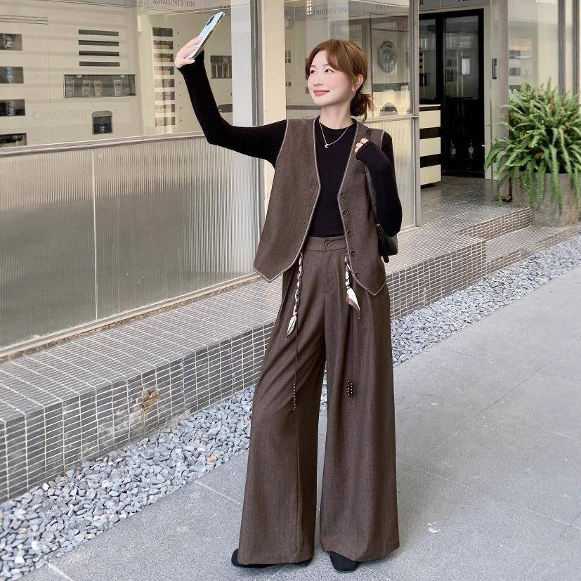 咖色韩显系C375-570复古气质通勤马甲裤套装女2025秋款休闲瘦新阔