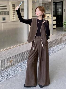 咖色韩显系C375-570复古气质通勤马甲裤套装女2025秋款休闲瘦新阔