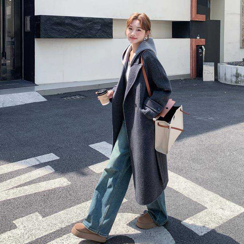 深色韩子系气质双面灰呢连帽2B141-96大女2025冬衣季收腰显瘦中长