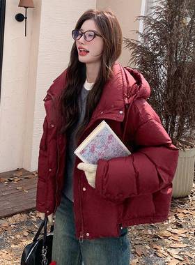 安格季拉红色连帽羽绒保服女短冬款2024小个子宽松暖c182-Y8190白