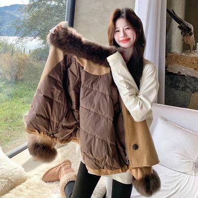 狐狸服毛羽绒0女225冬季新款小个子加短款PU皮鹅绒富家千金D115-C