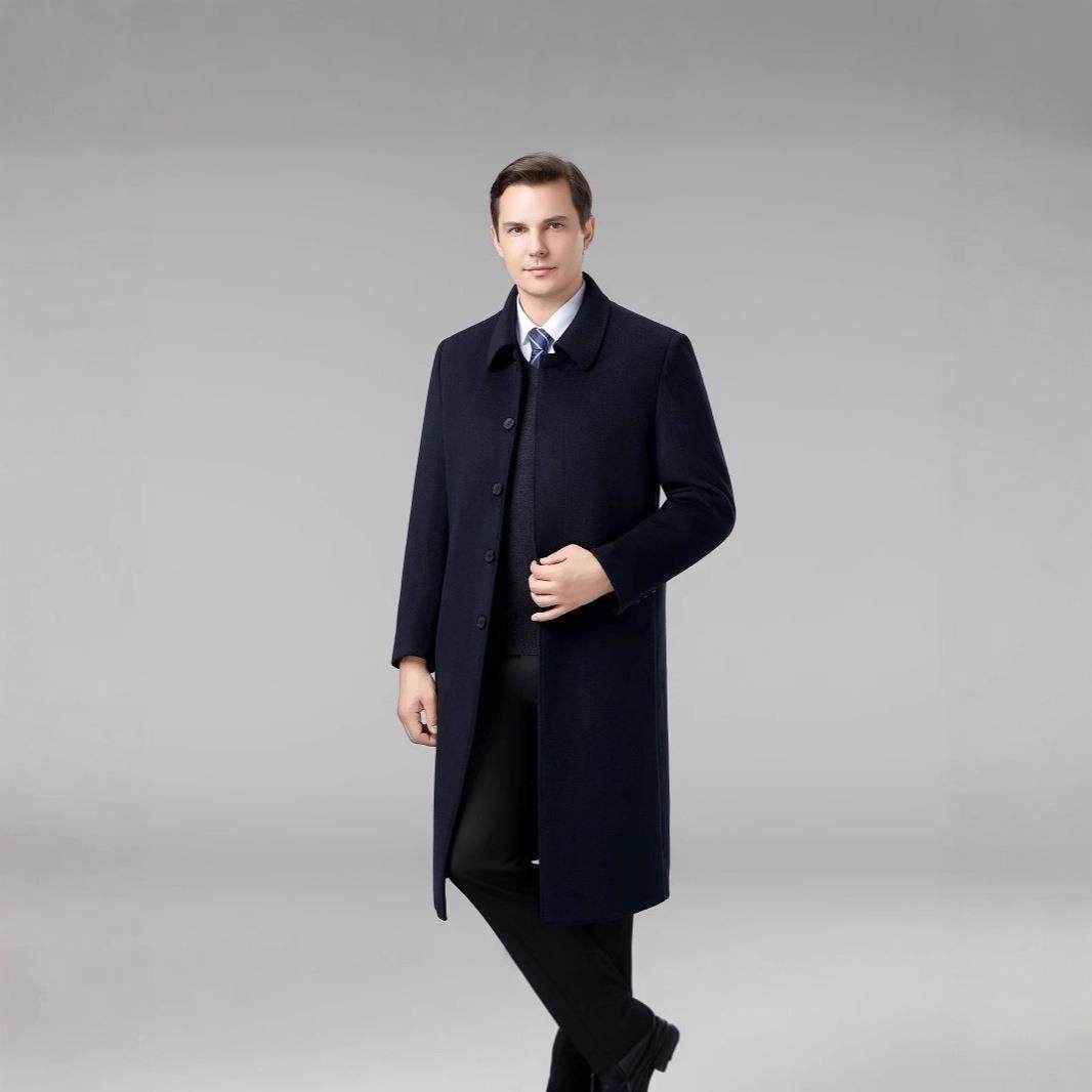 呢子双面羊绒长衣男过中年外套加厚爸爸装大F8862-KL羽绒内胆款羊