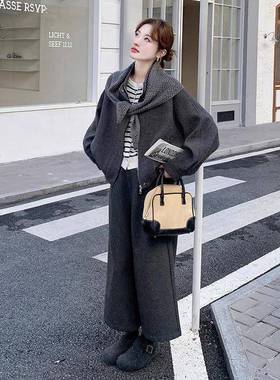 灰色针披冬肩毛呢子外套件阔D073-661腿裤套装三套女早秋时髦搭配