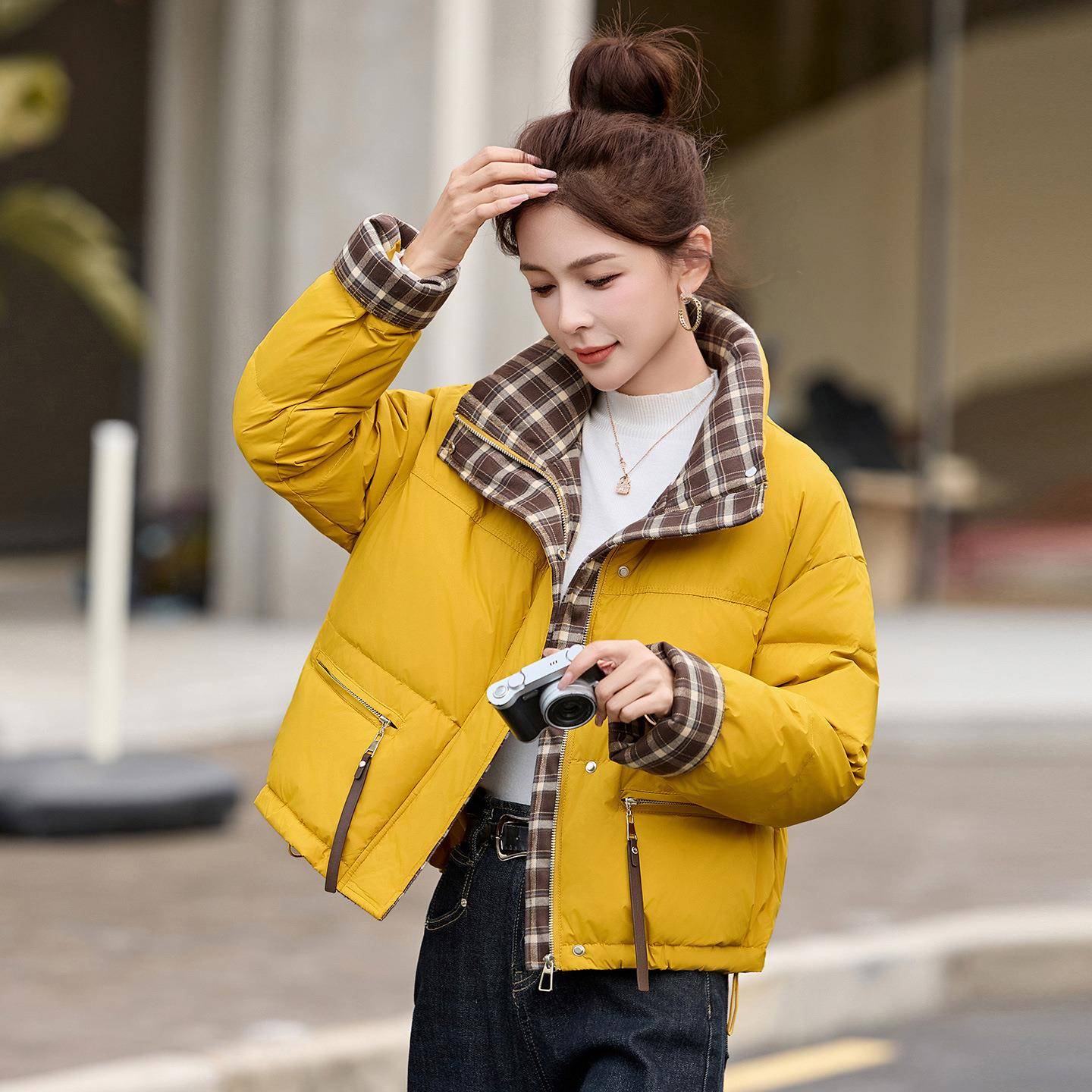 立格子接短款羽绒领女202服5冬季新款拼宽松ZMU944Q保暖设计感白