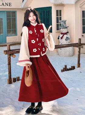 优雅国红色套C021-312装女冬2025新洋气加绒假两款件外套半身裙裙