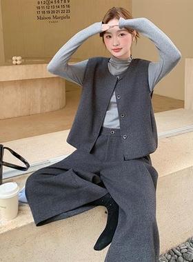 灰色复古气七质2毛呢套装女冬205新款成裤套搭配b113-C52马甲分阔