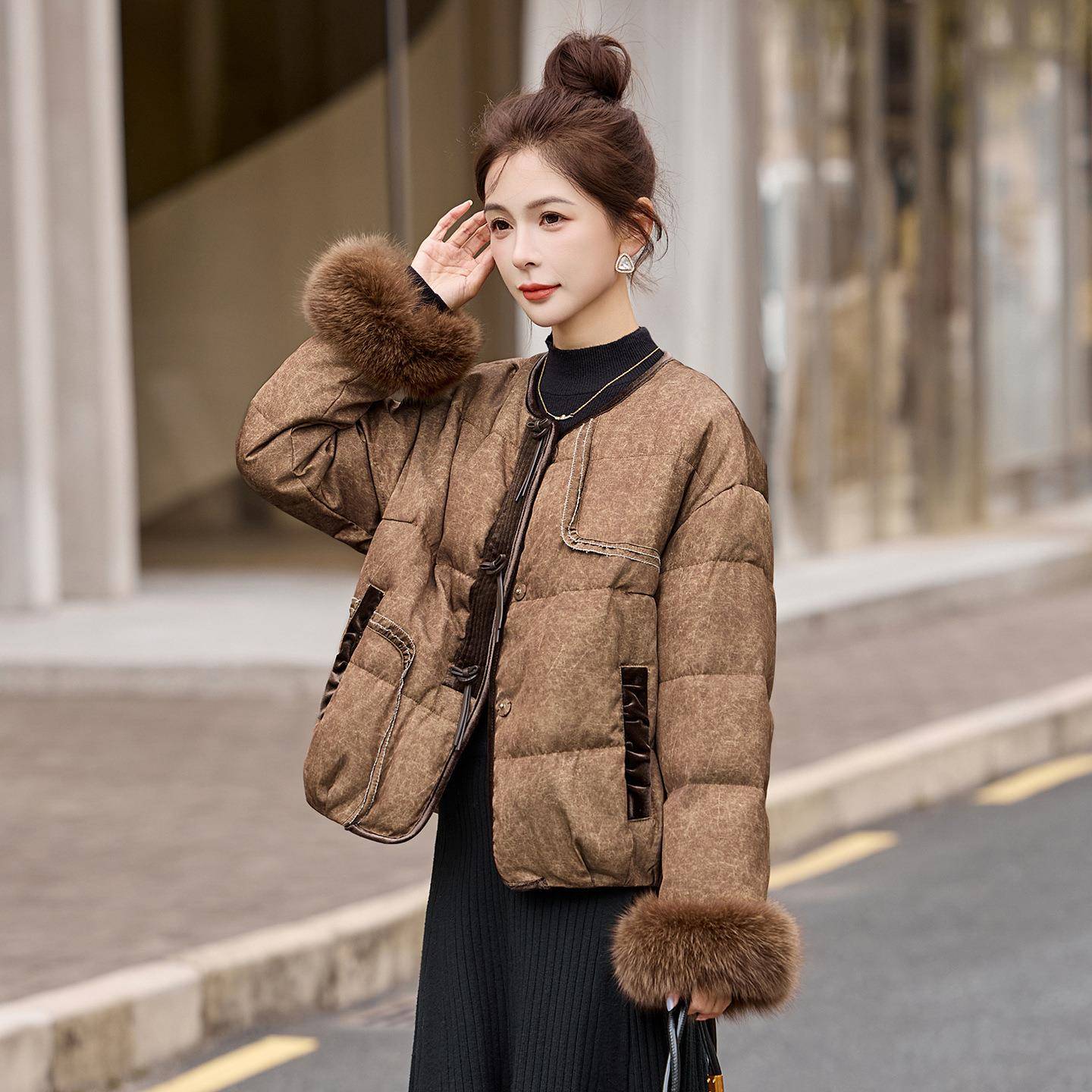 新中式可脱卸真狐毛袖口羽绒服2025外AH8139-1冬狸装新款1时尚气