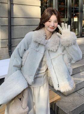 C203-833仿皮一羊羔毛外体套女冬短款205新款韩系蓝色棉袄毛加2绒