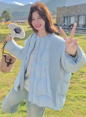 蓝色小个子披肩连帽弛b005-602感泡芙羽松绒服女2白0绒25冬季新款