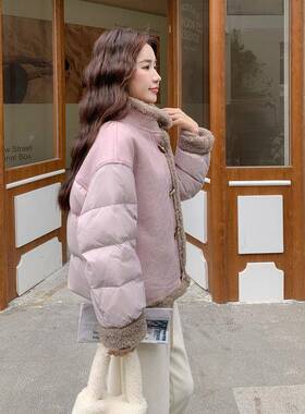紫色羽绒服女冬2025新款羔毛短C090-898拼接小个子款洋气白羊绒加