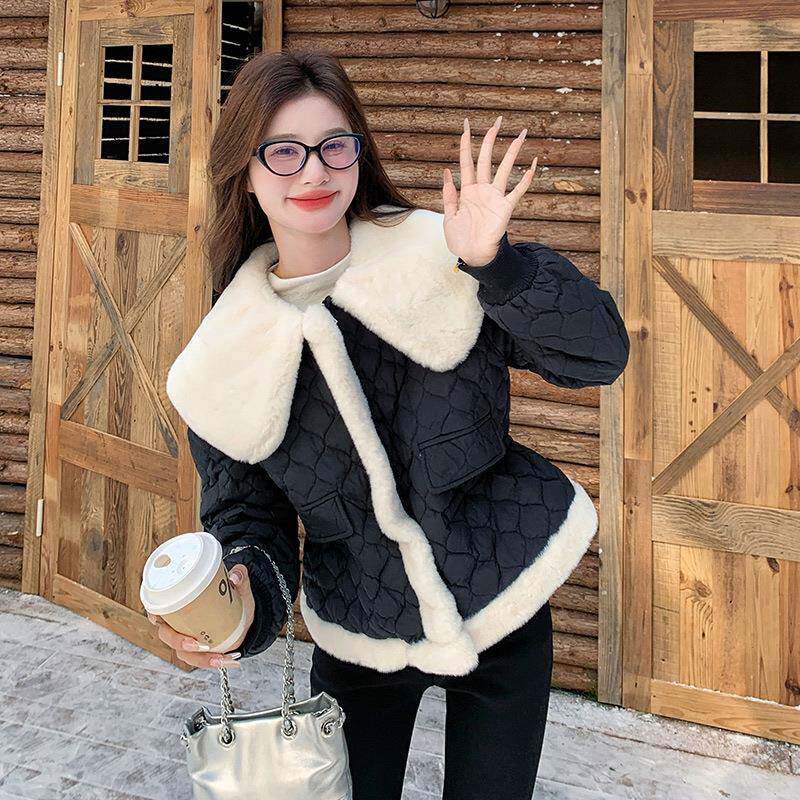 毛羊羔翻领羽绒服短款2024冬季女新款韩版鸭高级感ZZB210 C时尚90