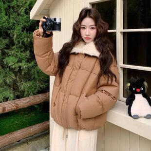 咖色复9古羊羔毛领0绒短款羽绒服女22C213-9205冬季韩系保暖厚实0