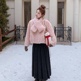 粉色甜美松弛减龄仿皮毛感一体外套女2B113 巾保暖围羊 25225冬0款