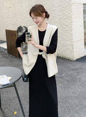 法袖C255-F66式高级V领马甲长连衣裙季套装女20感25秋气质黑色长